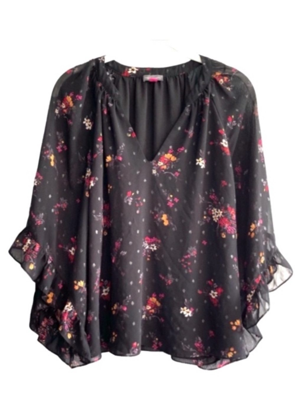 Vince Camuto Flowing Chiffon Blouse Three Quarter Sleeve Black Multi Size L